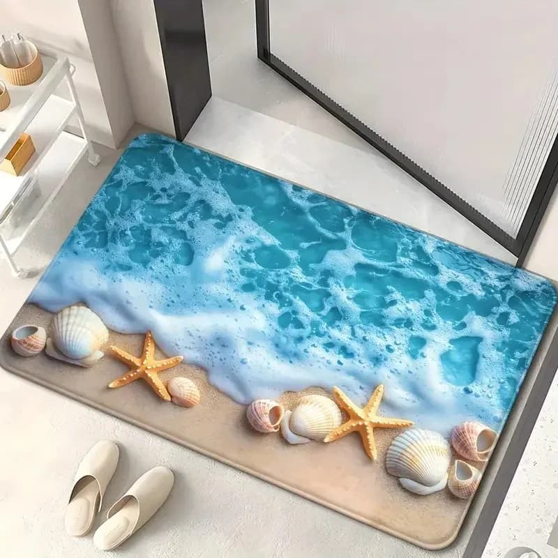 VIKAMA Ocean Wave Starfish Seashell Pebble Print Non-Slip Bath Mat, Absorbent Floor Rug for Bathroom Decor