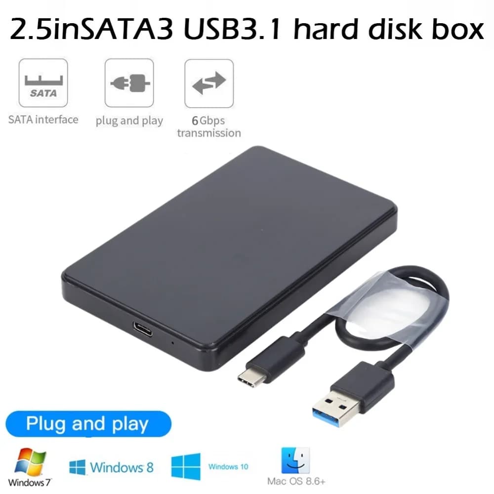 Box esterno per HDD SATA da 2,5'' USB 3.1 senza driver con cavo da USB 3.0 a Type-C 6 Gbps, plug and play per HDD o SSD SATA 1/2/3
