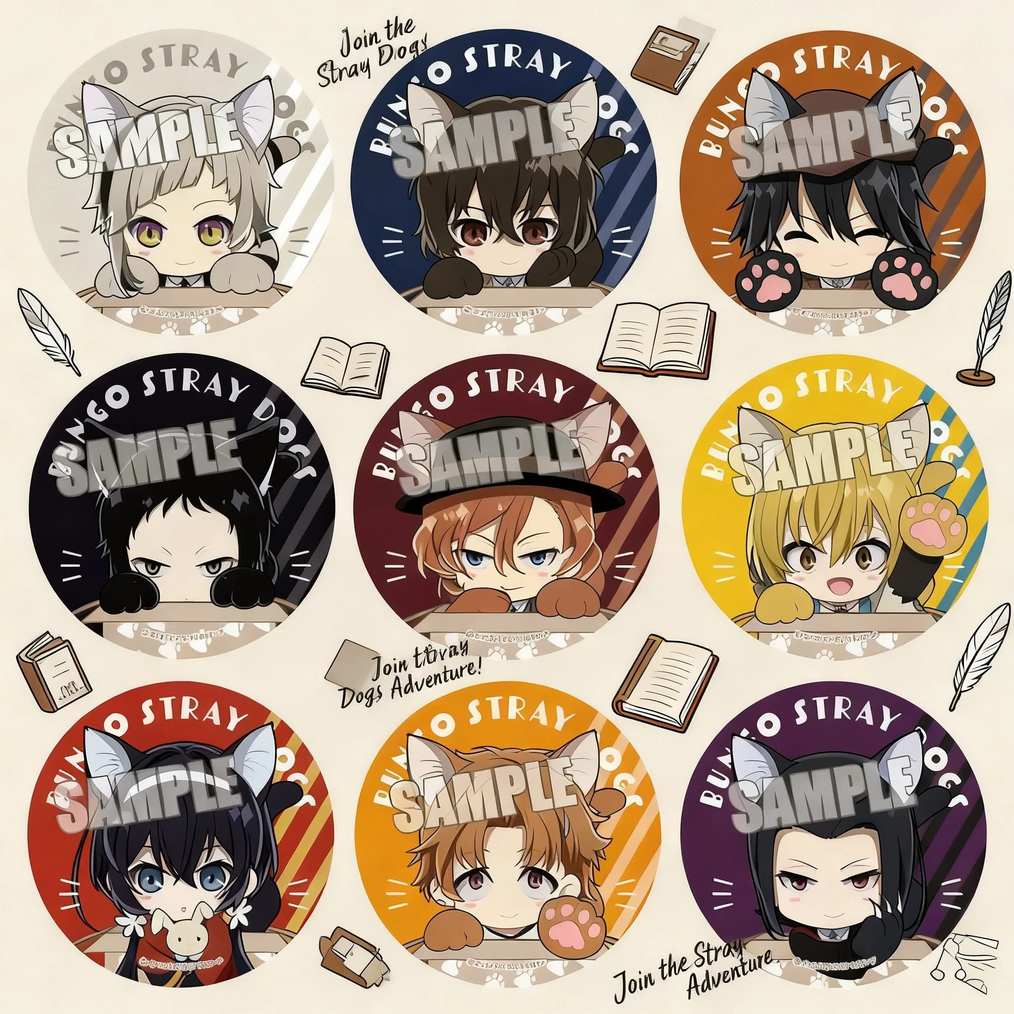 Spilla Distintivo Anime Bungo Stray Dogs Versione Q - Personaggi Mori Ougai, Edogawa Ranpo, Dazai Osamu, Nakahara Chuuya