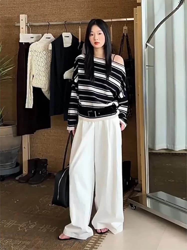 Retro Lazy Color Block Striped Asymmetrical Shoulder Knitted Long Sleeve Women's T-Shirt Autumn New Style Versatile Basic Fit
