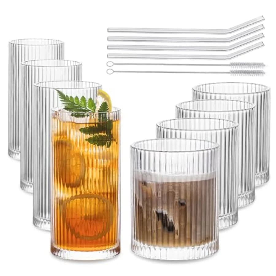 Set di 8 Bicchieri Vintage - 4 Bicchieri Highball da 350 ml, 4 Bicchieri Rocks da 400 ml, Bicchieri in Vetro Scanalato, Ideali per Cocktail e Vino