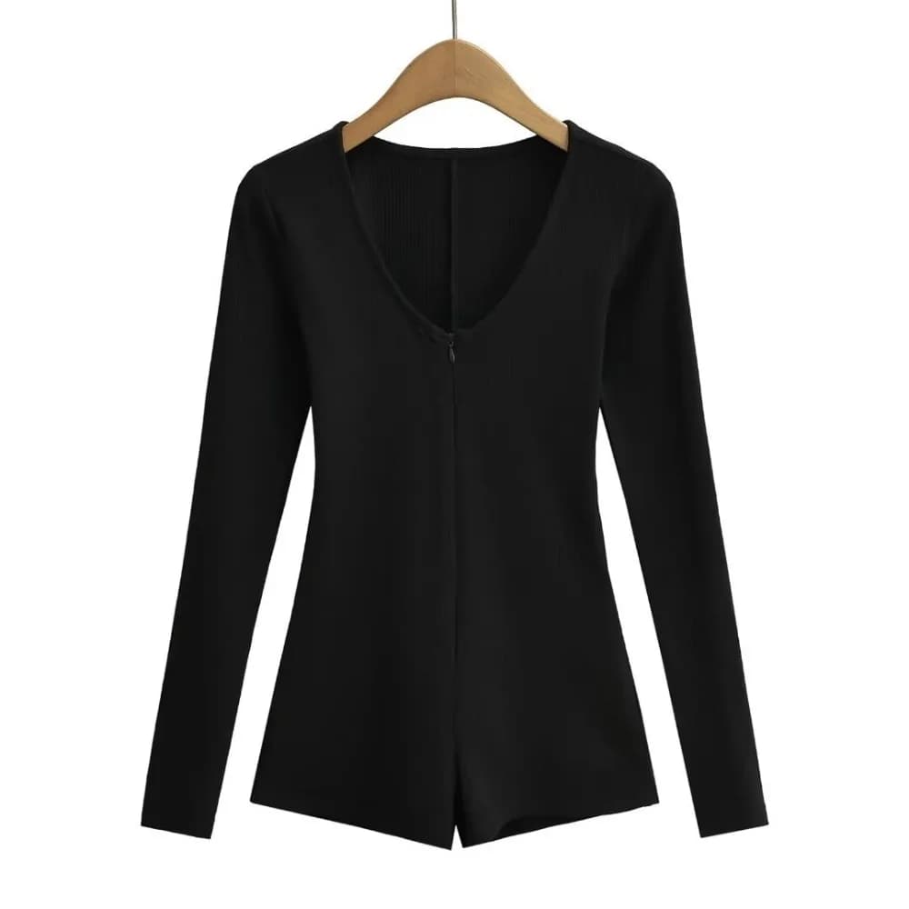 Bodycon Coreano Y2K Slim con Cerniera, Tuta Intera Senza Cuciture a Maniche Lunghe, Abbigliamento Yoga, Tuta Corta con Scollo a V per Donna e Ragazza