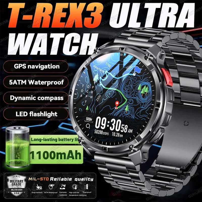 2026 New T-Rex3 Ultra 1100Mah Military Smart Watch Men 1.7 "AMOLED GPS Path 5ATM Waterproof LED Flashlight Smartwatch iOS