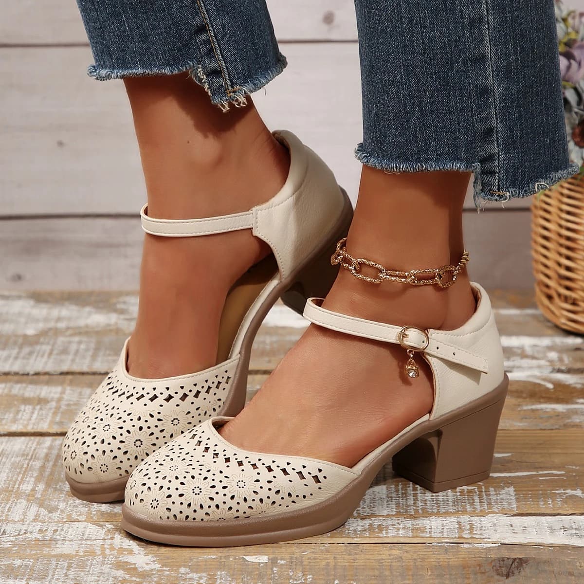Ankle Strap High Heels Sandals for Women 2025 Summer Hollow Out Breathable Pumps Woman Comfortable Chunky Heeled Shoes