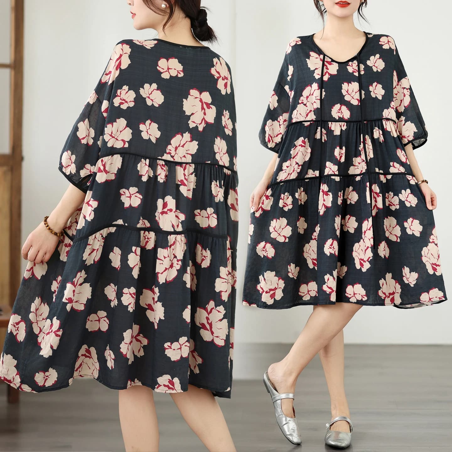 Summer Large Size Cotton Linen Print Collar Rope Loose Elegant Slimming Versatile Dress Artistic Style High Waist A-Line Skirt
