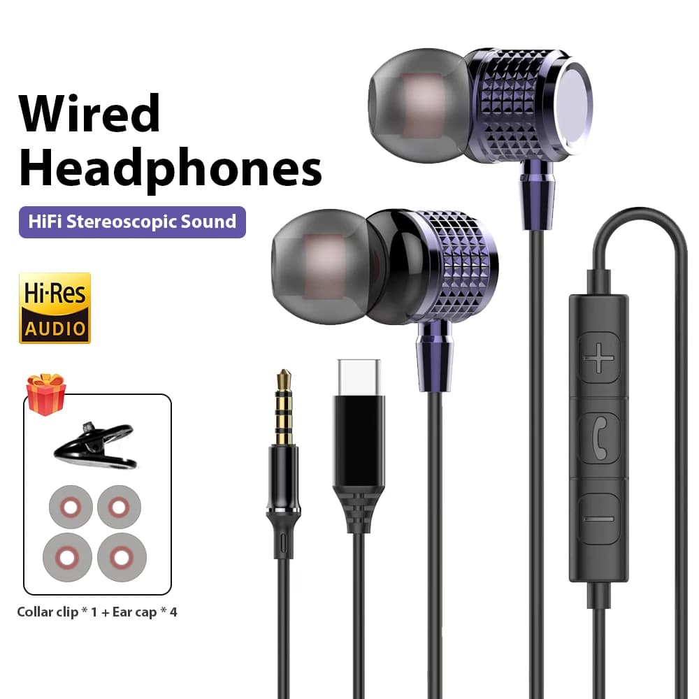 USB Type C Earphones 3.5mm Jack Noise Reduction Metal Wired Headphones With Microphone Earbuds For Samsung iPhone 15 16 Headset