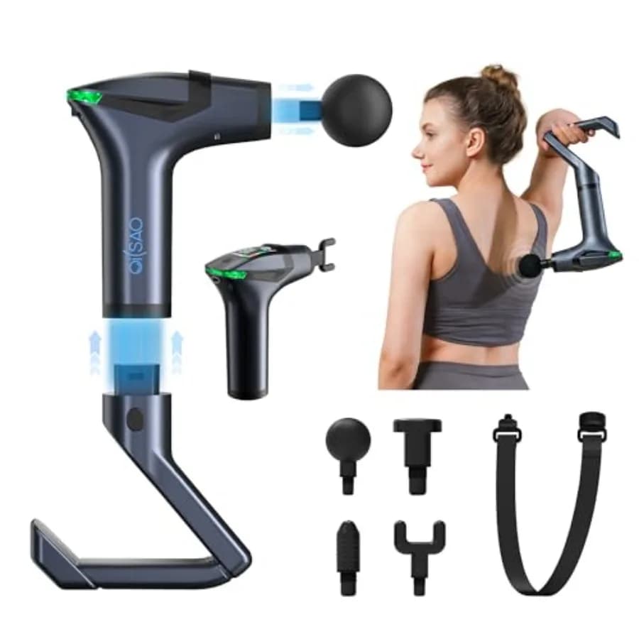 3-in-1 Percussion Massage Gun Stackable with Extensible Handle and Muscle Massage Strap Background, Collo and Spalle