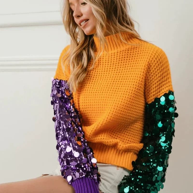 Spring Autumn New Fashion Sequined Splicing Women Long Sleeve Hoodie Simple Round Neck Female Casual Loose Knitted Tops