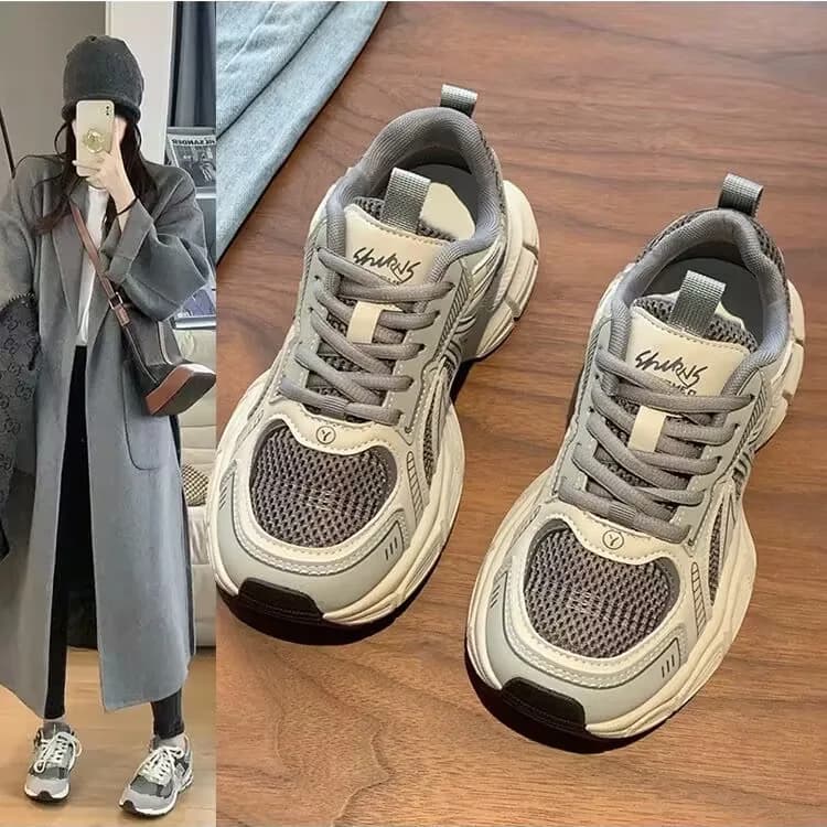 2026 Chunky Sneakers Women Mesh Leather Platform Shoes Mixed Colors Lace-Up Lady Trendy Trainers Thick Sole Handmade