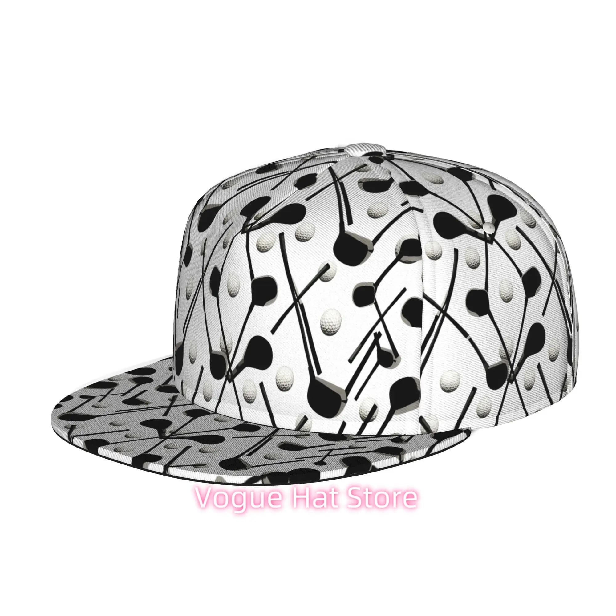 Baseball Cap Featuring a Design of Golf Clubs And Balls, Suitable for Both Men And Women. This Unisex Flat Brim Snapback Hat Is