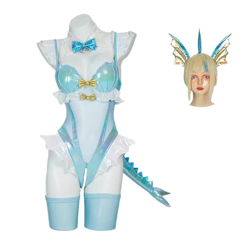 2025Blue White Furry Heart Hollow Top and Panty with Cloak Headpiece Cosplay Costume Anime Women PM Derivative Lingerie Bodysuit