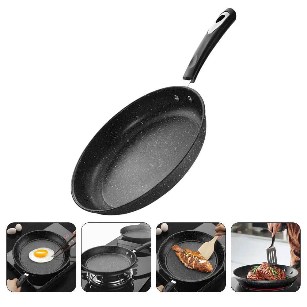 1Pcs Rounded Steak Frying Pan Non-Stick Iron Cooking Pan Stone Coating Stable Flat Base for Home Outdoor Camping Use