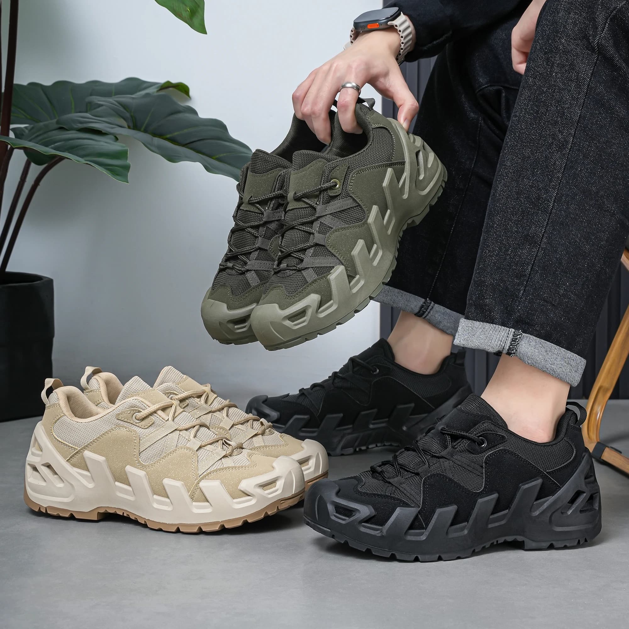 Scarpe da trekking basse da uomo Mecha alla moda, con tacco spesso e suola a dente di sega, casual e resistenti, calzature di tendenza