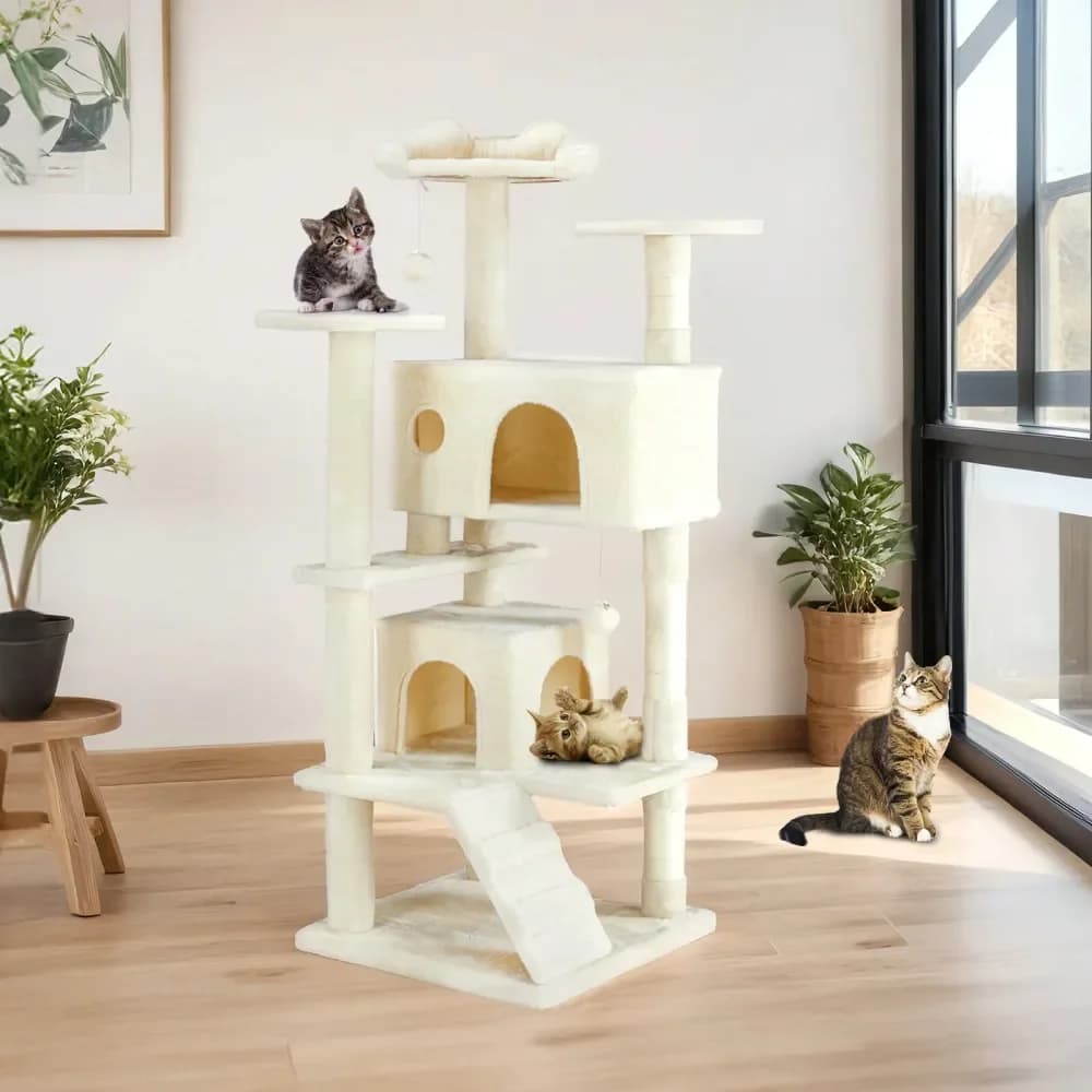 Torre per gatti da interno, 137 cm di altezza, mobile multi-livello per animali domestici, stabile casetta per gatti con palo in sisal, grande C