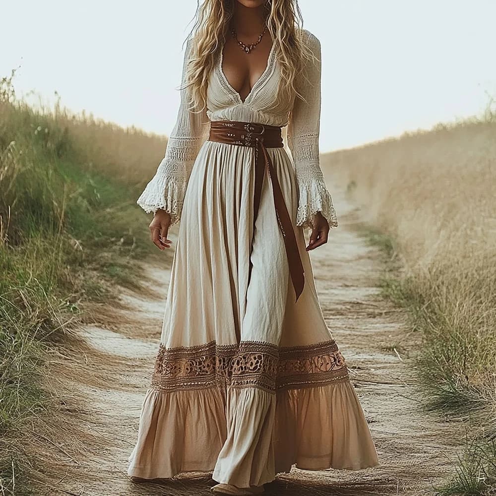 Abito Lungo Boho da Donna in Pizzo Beige, Scollo a V Profondo, Maniche Lunghe Svasate, Vestito Fluido Vintage per Estate, Spiaggia, Festival e Vacanze