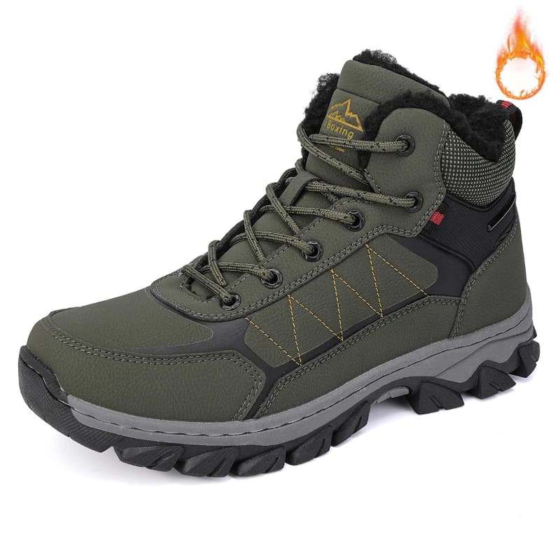 Men Army Green Winter Hiking Boots Fleece Lined High Top Outdoor Trekking Shoes Anti Slip Lug Sole Mountain Walking Footwear