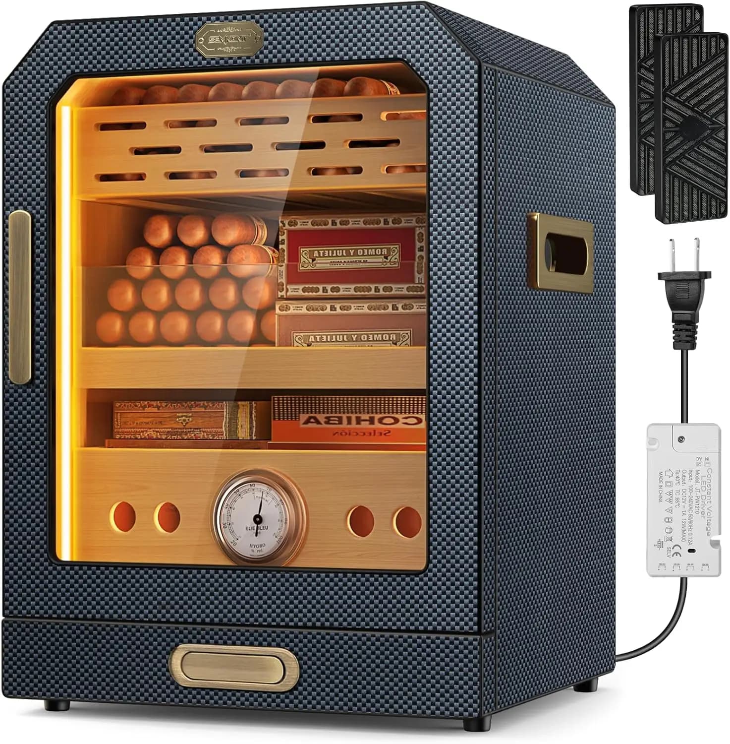 Cigar Humidor, with Cigar Accessory Drawer and 2 Humidifiers, Lighted Control Magnetic Door Desktop Cigar Humidor Cabinet