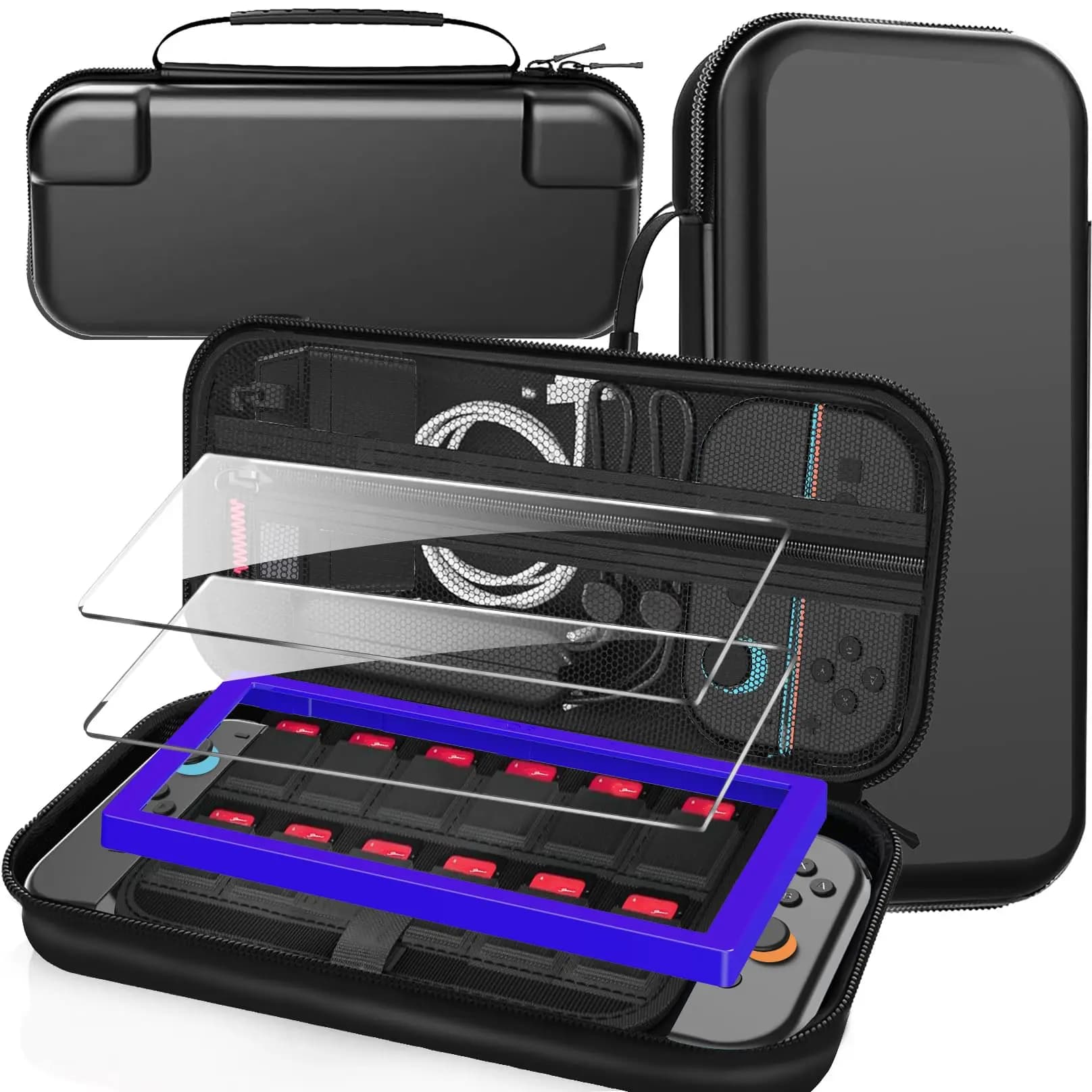 Custodia da viaggio per Switch 2 2025, supporto per pacchetto accessori di grande volume, 2 protezioni per lo schermo con 12 carte da gioco, nera