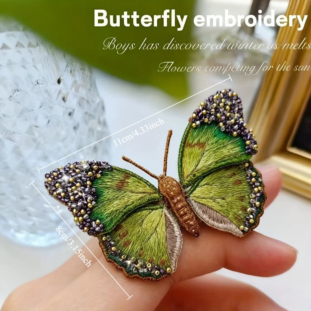 3D butterfly beaded embroidery DIY craft kit, French style, green butterfly material package, with high-definition video tutoria