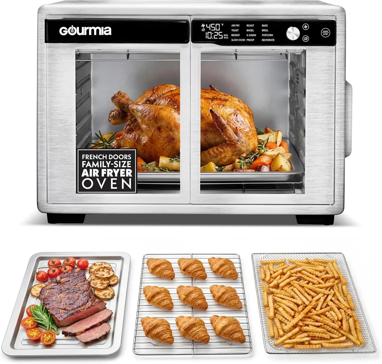 French Door Air Fryer Oven - 37 Qt Large Capacity Convection Toaster Oven, FryForce 360°, Digital Display, 12 Cooking Presets