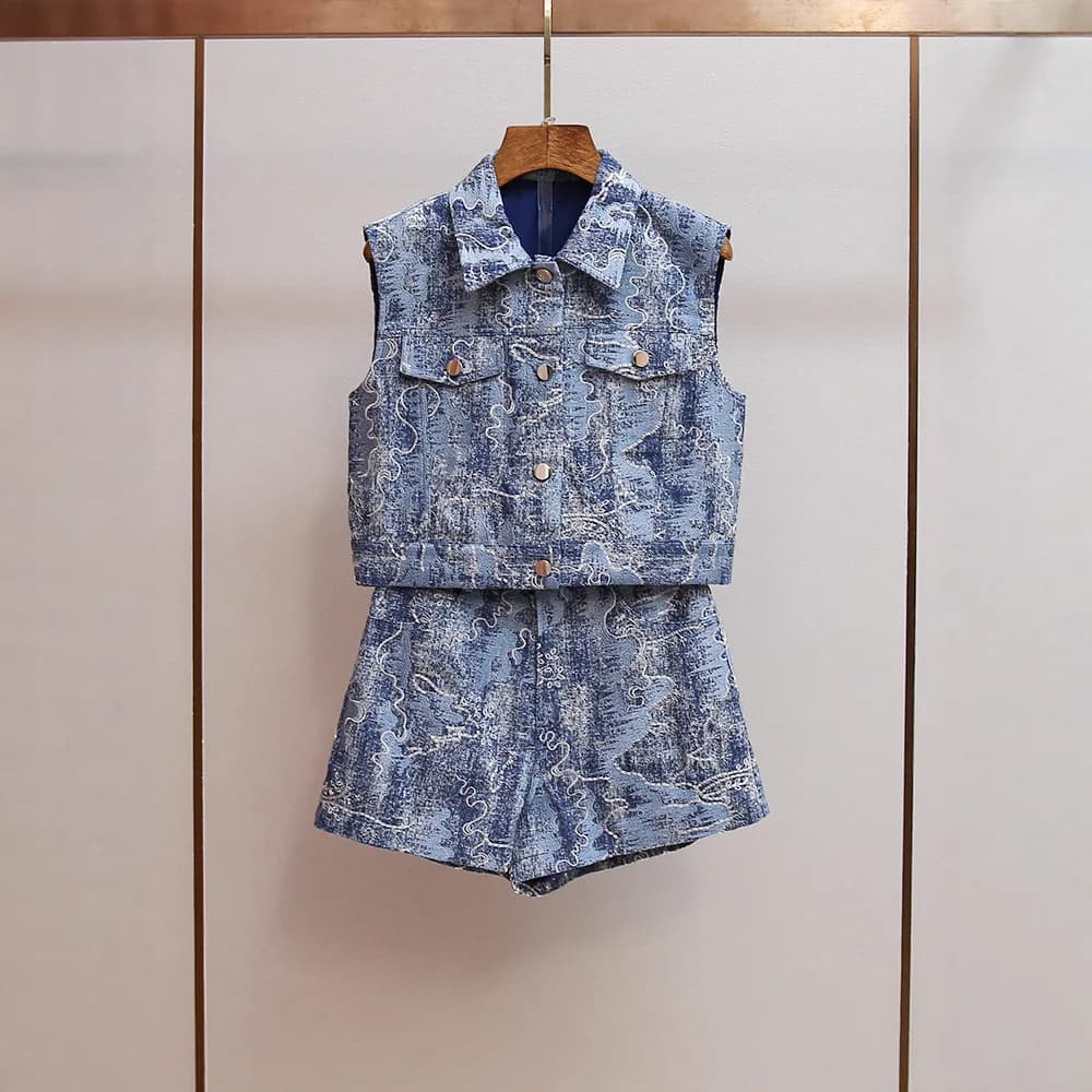 Set di giacca e pantaloncini in denim da donna di alta gamma, con colletto vintage ricamato, completo due pezzi per abbigliamento sportivo casual autunnale