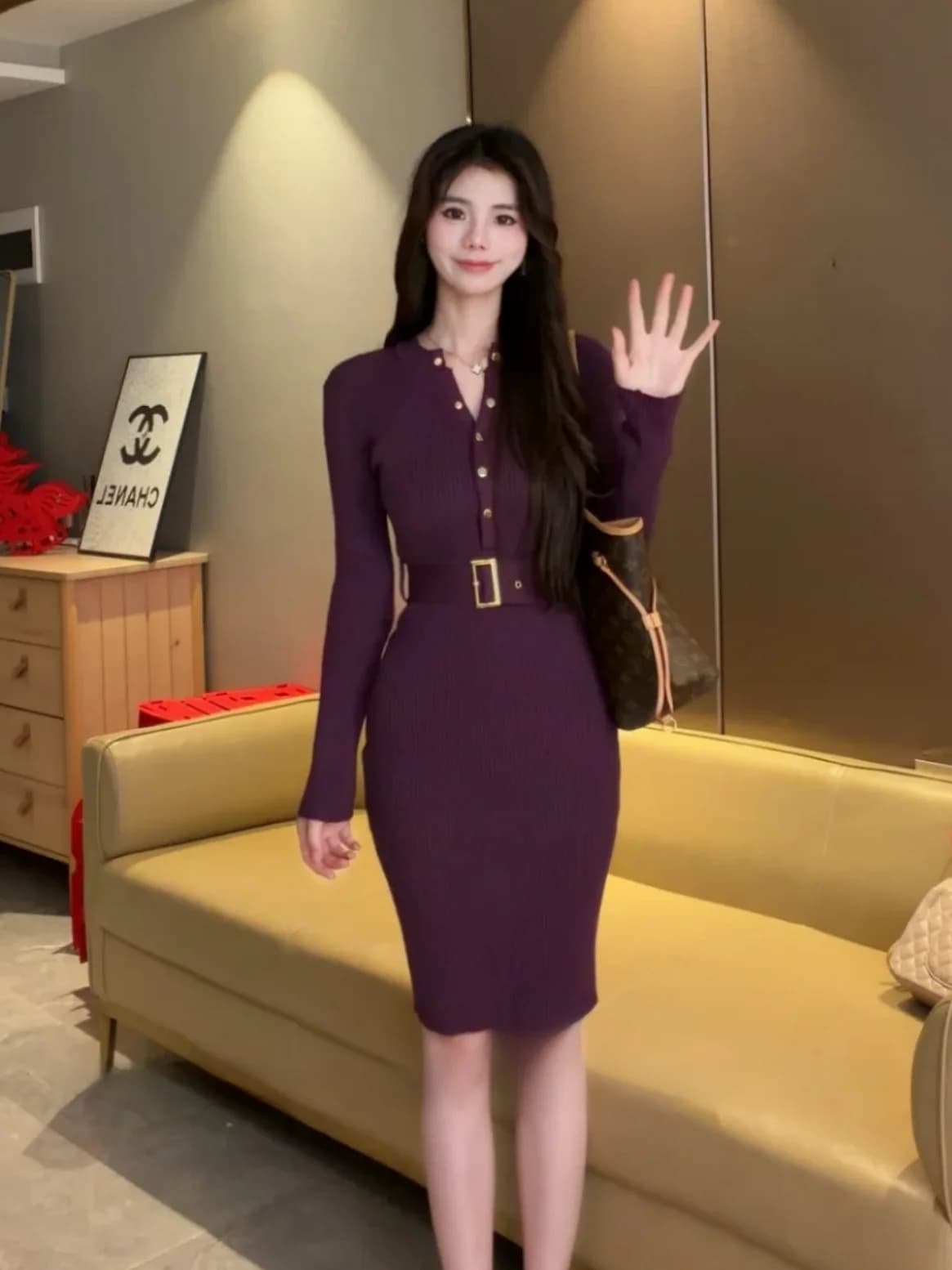 Ele Long Sve Knitted Dr Women's Slim Fit mid Length Slit Belted Skirt with Waist Belt Spring Autumn Seasonal Wear