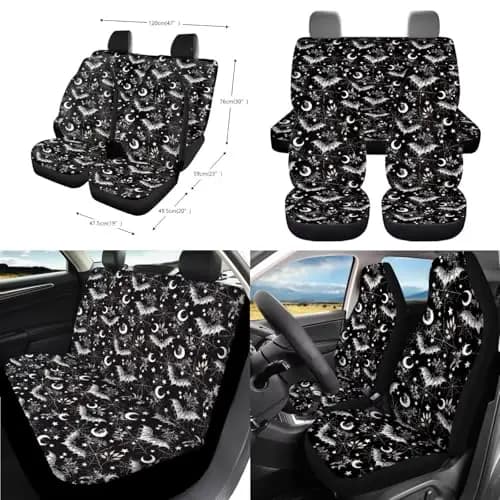 Set completo per interni auto con motivo pipistrello e luna in nero e grigio, include coprisedili anteriori e posteriori, coprivolante e pad per console.