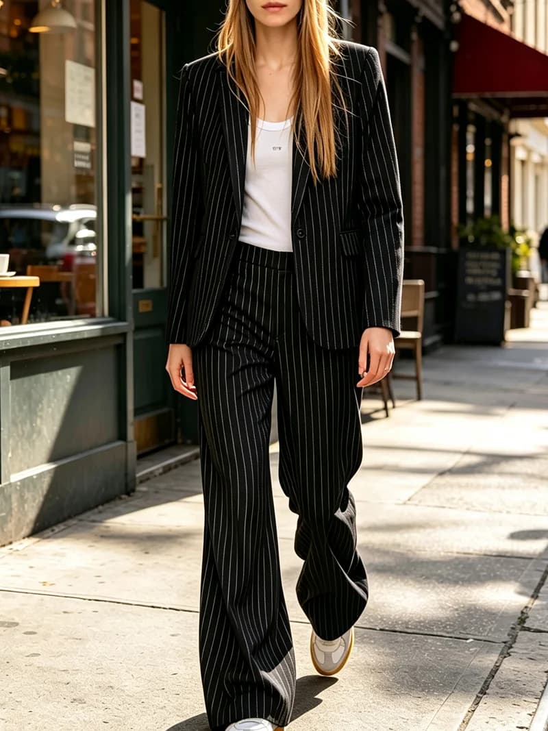 Women Pinstripe Suit 2 Piece Set Single Button Blazer and Flared Trousers Formal Office Business Matching Outfit