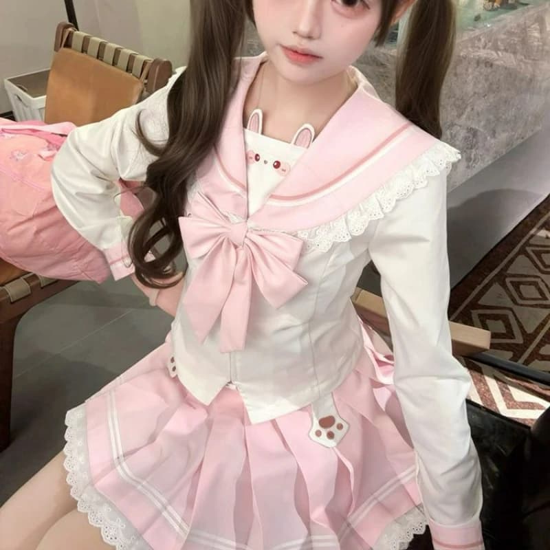 Set di 2 Pezzi Stile Lolita Giapponese per Donne, Top con Colletto alla Marinara e Stampa Kawaii, Minigonna con Volant in Pizzo, Outfit Uniforme JK Y2k