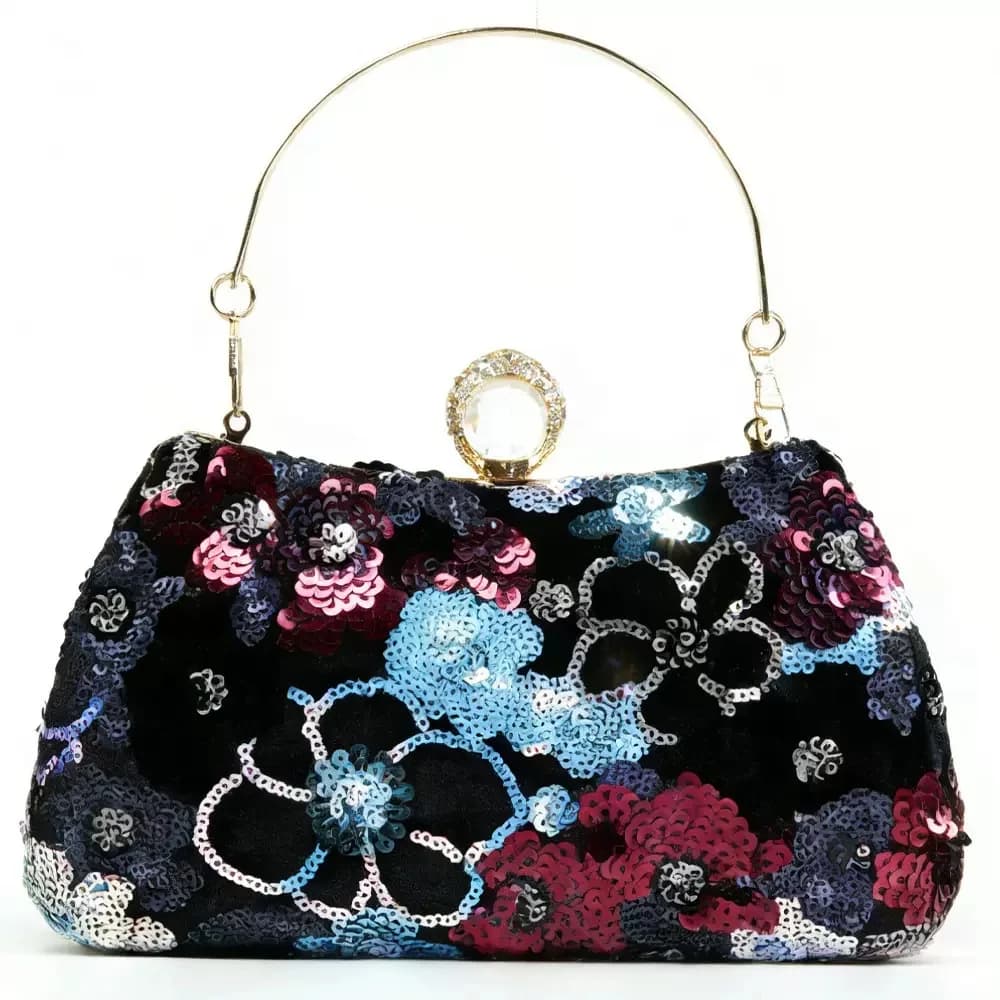 New Chinese Style Metal Handle Handbags Vintage Sequin Flower Evening Bags Clutch For Women Banquet Party Chain Shoulder Bags