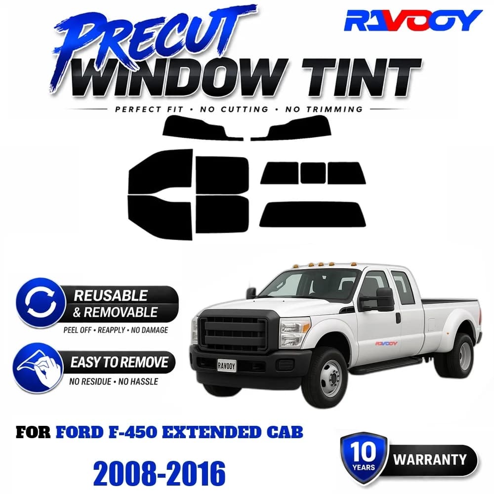 RAVOOY Precut Window Tint, Reusable Removable EPU Film, Custom Fit for Ford F-450 Extended Cab 2008-2016, UV Heat Protection