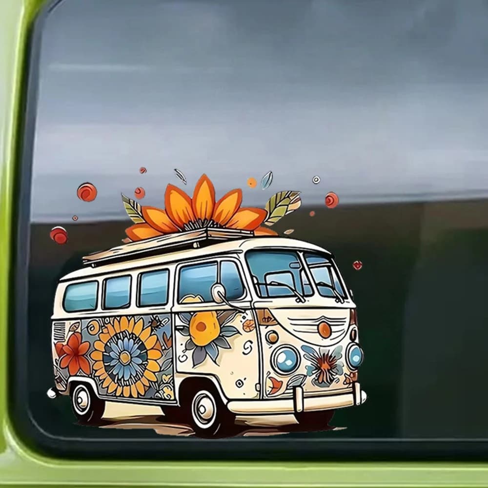 Cartoon Bus Hippie Flower Power Decals, Waterproof Vinyl Stickers for Car, Laptop,Trucks, Wall and Glass Surface