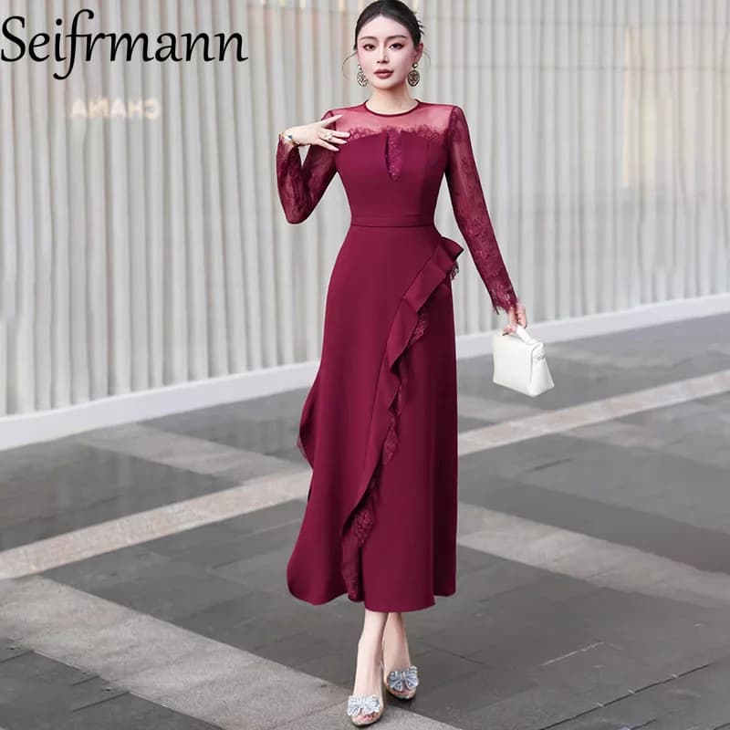 Seifrmann 2026 Spring Women's New Fashionable Round Neck Long Sleeve Spliced Lace Waist cinching Long Dress
