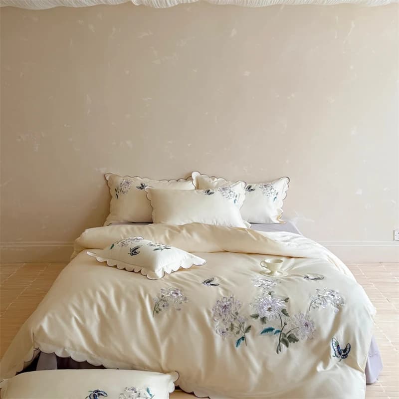 1000TC Egyptian Cotton Bedding Set Chrysanthemum Butterfly Embroidery Scalloped Edge Duvet Cover Flat/Fitted Sheet Pillowcases