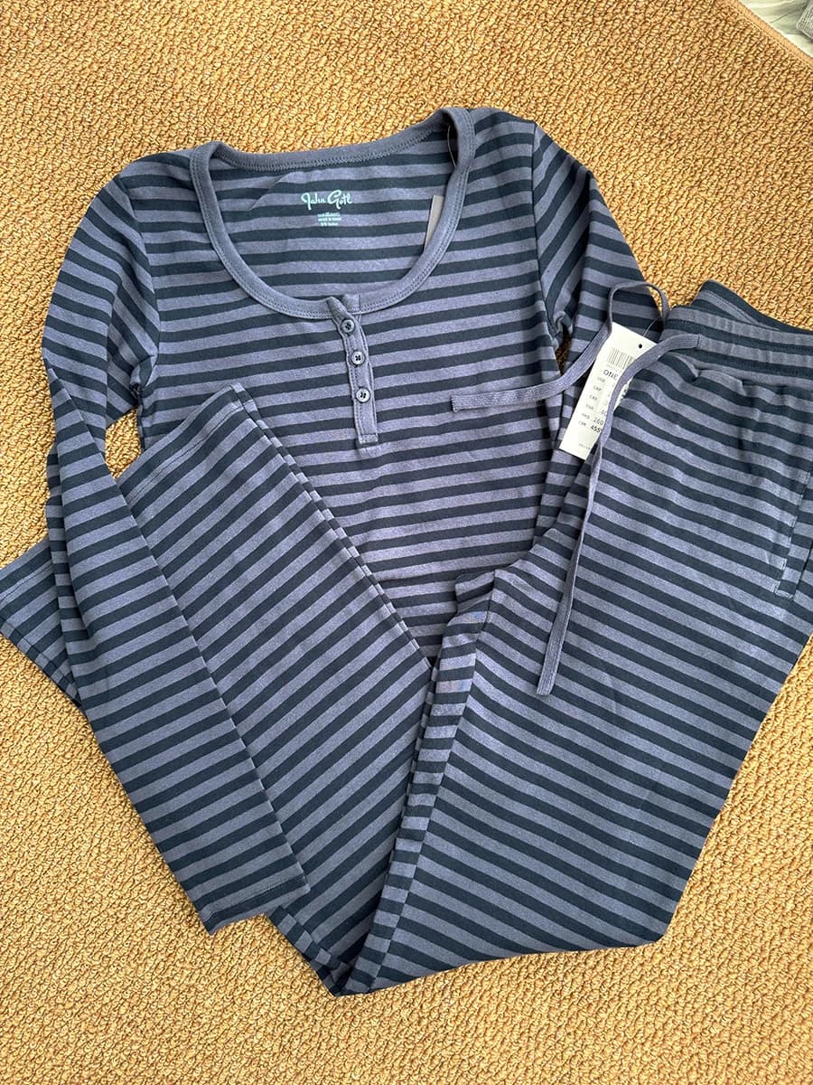 Set Due Pezzi a Righe Blu Navy per Donna, T-shirt Vintage con Bottoni in Cotone a Maniche Lunghe e Pantaloni Dritti, Pigiama Y2K
