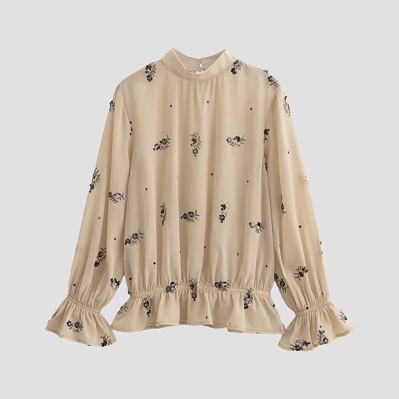 YENKYE Camicetta sexy semi-trasparente con paillettes floreali Donna Colletto alla coreana Manica lunga 2026 Top primaverili Streetwear