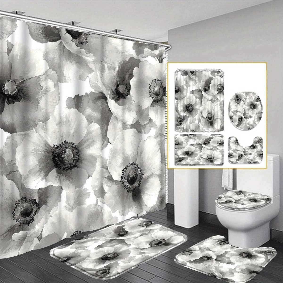 Set da bagno con illusione floreale in marmo da 4 pezzi - Tenda da doccia, tappetino da bagno antiscivolo e copriwater, sedile WC a forma di U