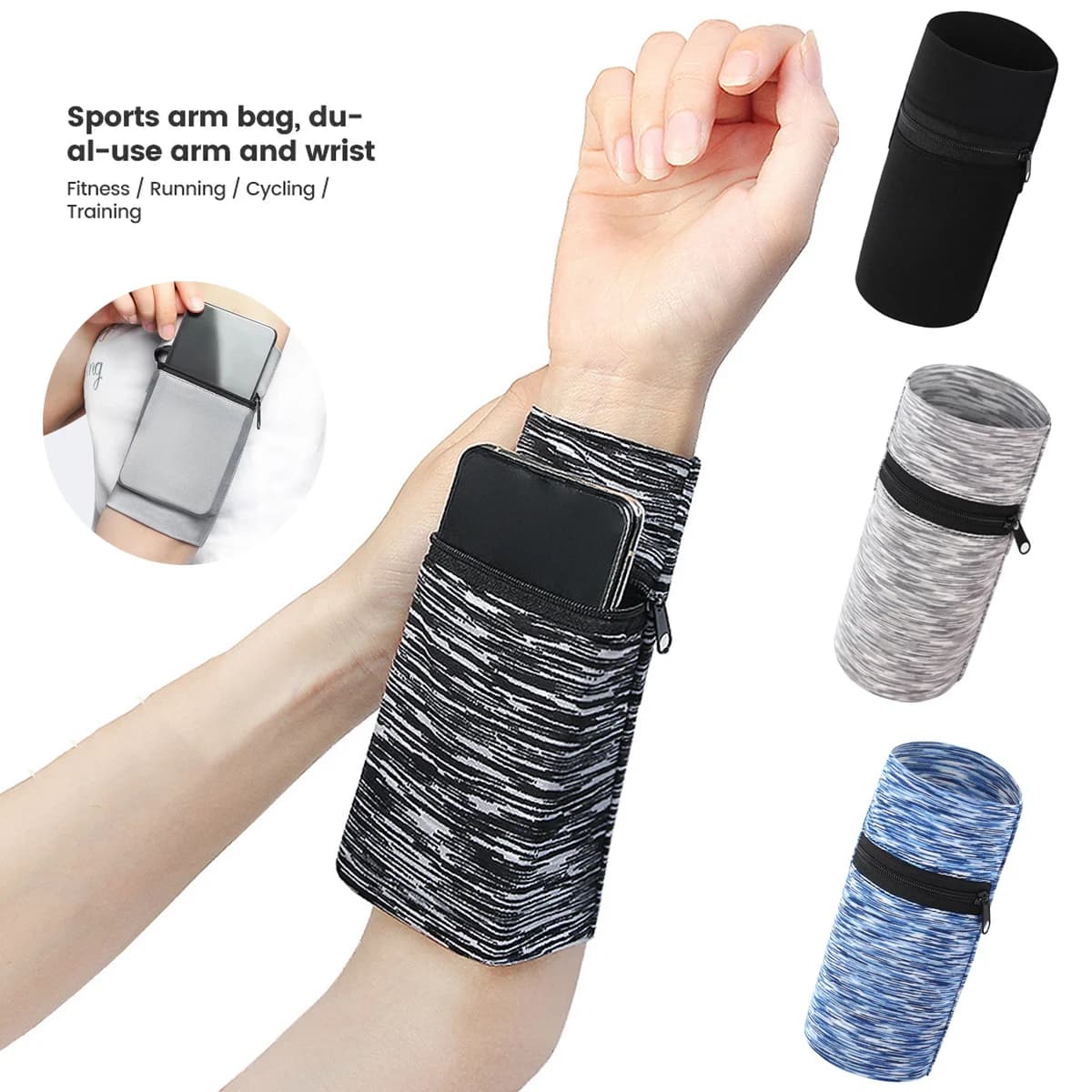 Borse da corsa con cerniera Custodia da polso leggera per telefono, chiave, carta, fascia per il sudore, palestra, fitness, sport, ciclismo, polsino, borsa da braccio