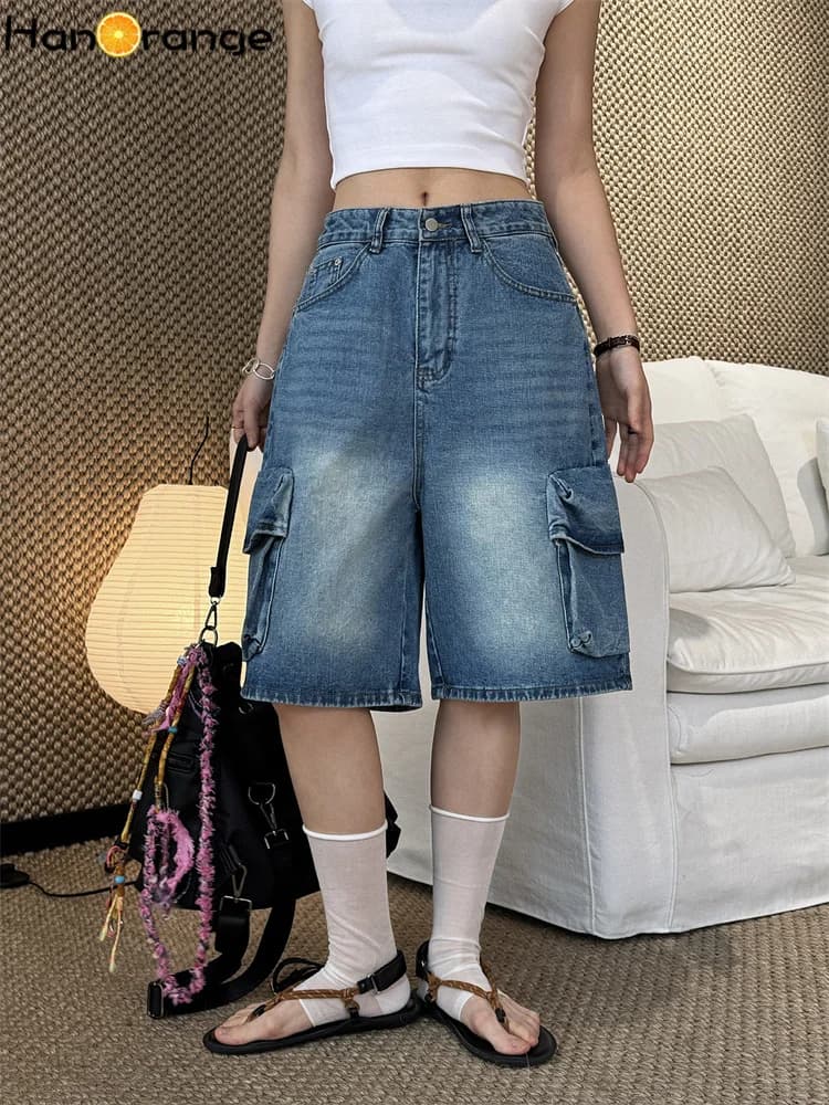 HanOrange 2026 Primavera/Estate Jeans Vintage con Grandi Tasche, Taglio Ampio, Lunghezza al Ginocchio, Silhouette Denim Capri Blu per Donna