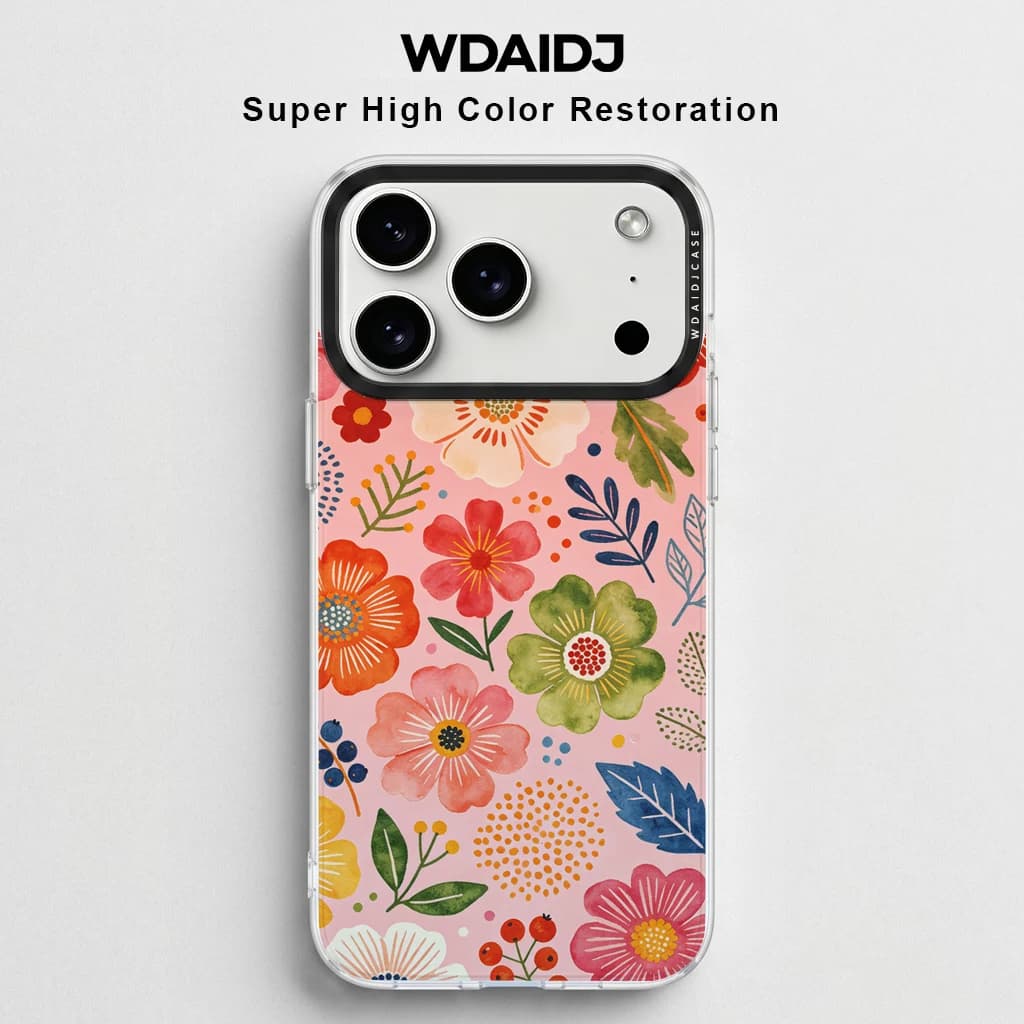 Cover Trasparente Anti-Caduta con Stampa Floreale Acquerello, Bacche e Foglie, per iPhone 17 16 15 14 13, Colore Pastello Naturale