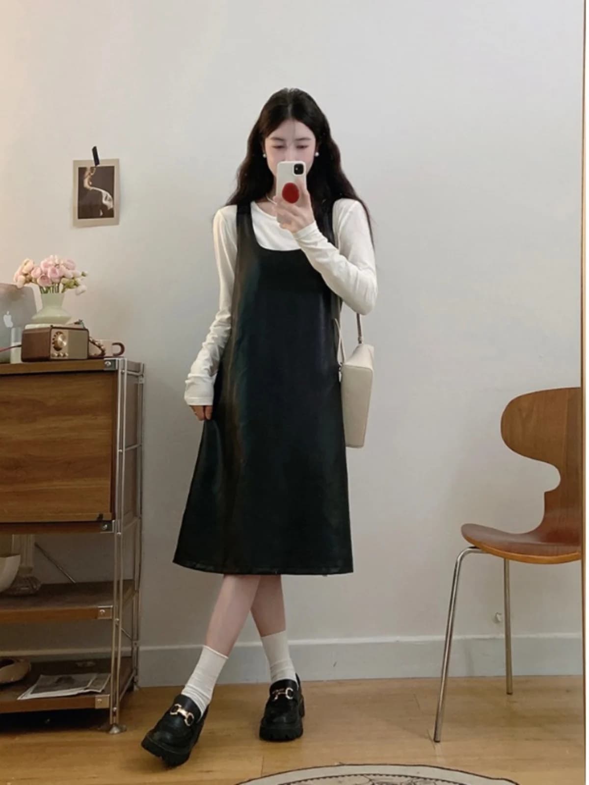 plus Size Women's Hepburn Style Black Strap Dress Set Autumn New Inner Shirt Base Top Ensemble Korean Style Slim Fit Long Sleeve