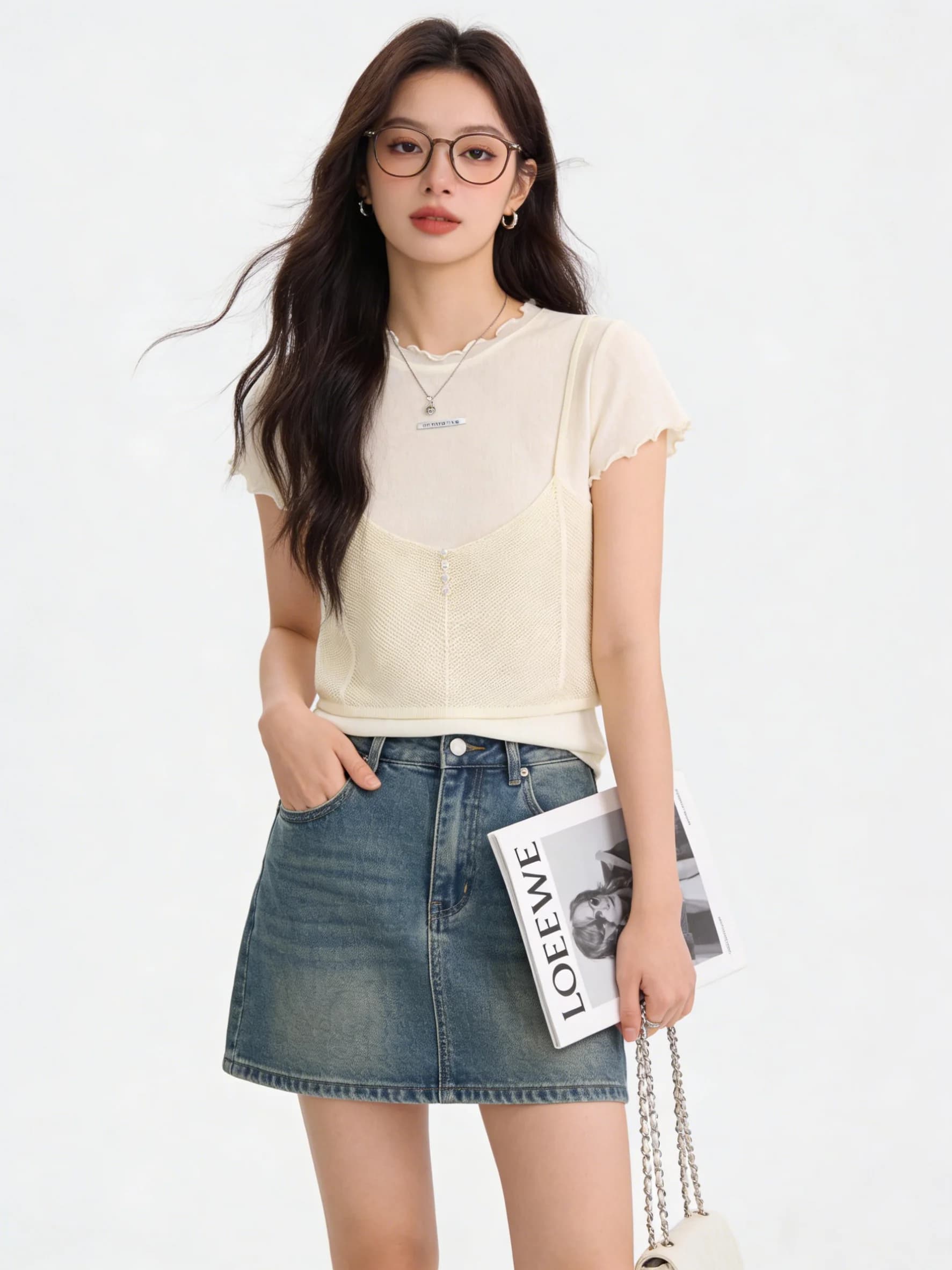 Set Estivo Casual in Stile Coreano: T-Shirt a Maniche Corte e Gilet Lavorato a Maglia, Design in Legno, Traspirante e Confortevole, Completo Due Pezzi