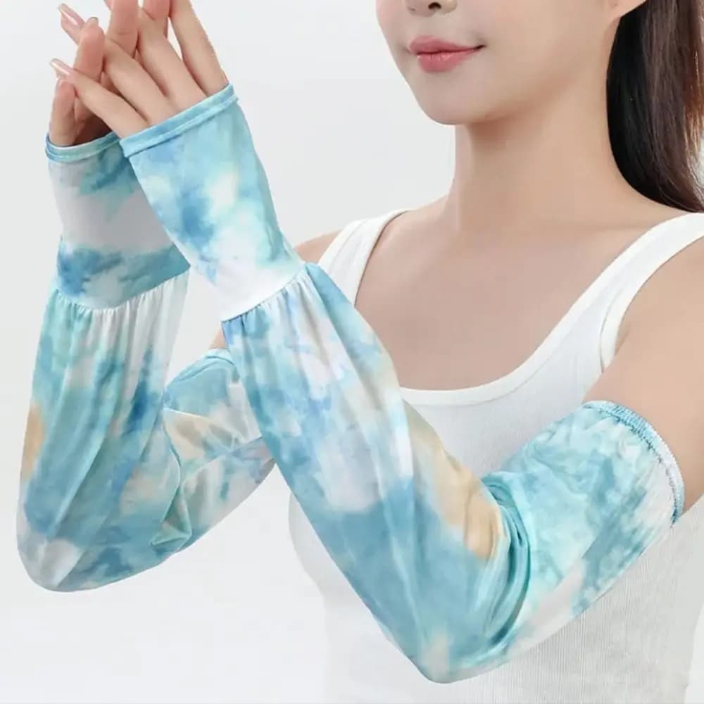 Tintura per cravatta traspirante Maniche lunghe in seta di ghiaccio Protezione solare Stile etnico Copri braccio per protezione solare Guanti da ciclismo sottili anti-UV da donna
