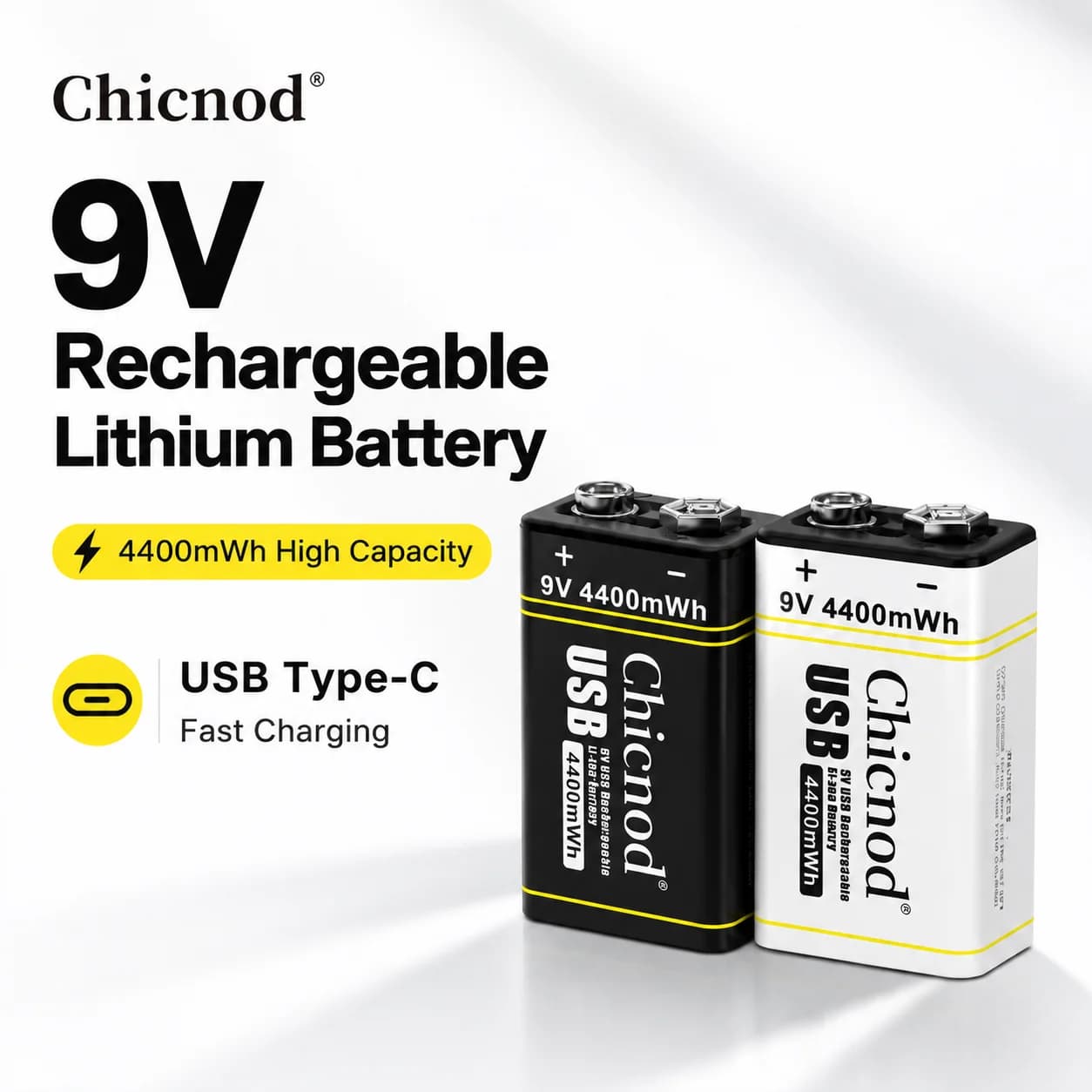 Chicnod 9V Rechargeable Lithium Battery 4400mWh USB Type-C Li-ion Battery Built-in Smart Chip for Smoke Detector Alarm System