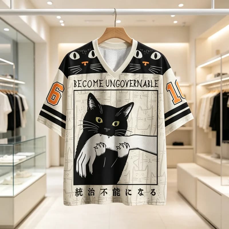 2026 SummerHot Selling Rebellious Black Cat Printed Jersey, American Retro Short Sleeved Outdoor Casual Sportswear Beach Surfing