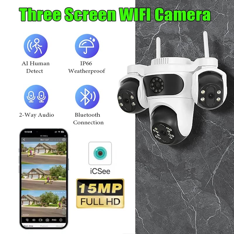 Telecamera WIFI da 15 MP Telecamera per monitor HD wireless a quattro obiettivi e tre schermi Rilevazione umana Telecamera di sorveglianza CCTV di sicurezza APP iCsee