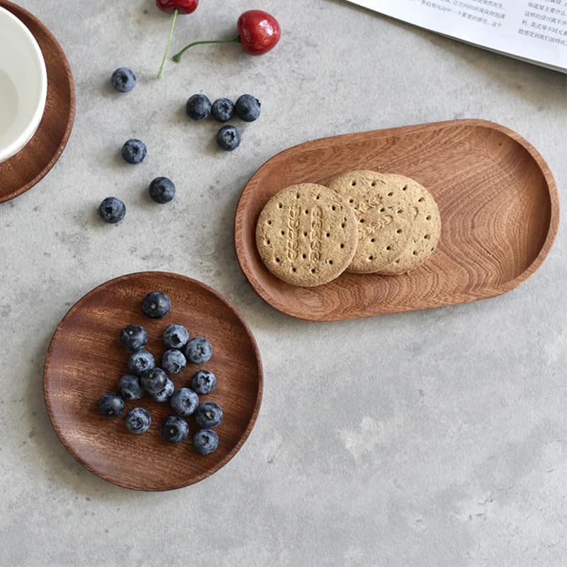 Stoviglie in stile giapponese Piatto da dessert rotondo in legno massello Vassoio in legno Snack Frutta secca Colore noce