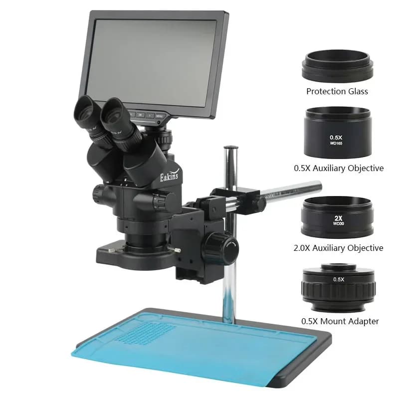 Microscopio stereo trinoculare simul-focale con zoom 3,5X-90X + display LCD da 16 MP 10,1 da 7,0 pollici TF USB HDMI WIFI Videocamera per microscopio