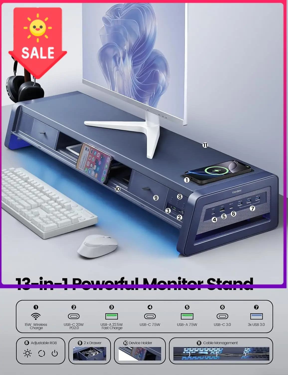 Support for All-in-One Double Monitor in Offer with 2 Drawers, 8 USB ports and Wireless Charging Pad with LED Strip for 2 Monitor