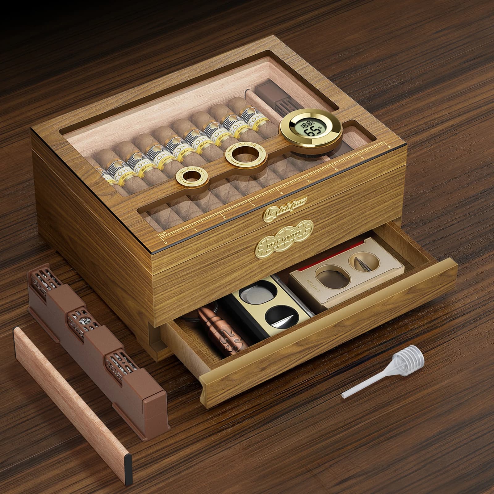 Humidor per Sigari, Portasigari da Tavolo con Coperchio in Vetro, Igrometro Digitale, Umidificatore, Cassetto per Accessori e Bilancia di Misurazione